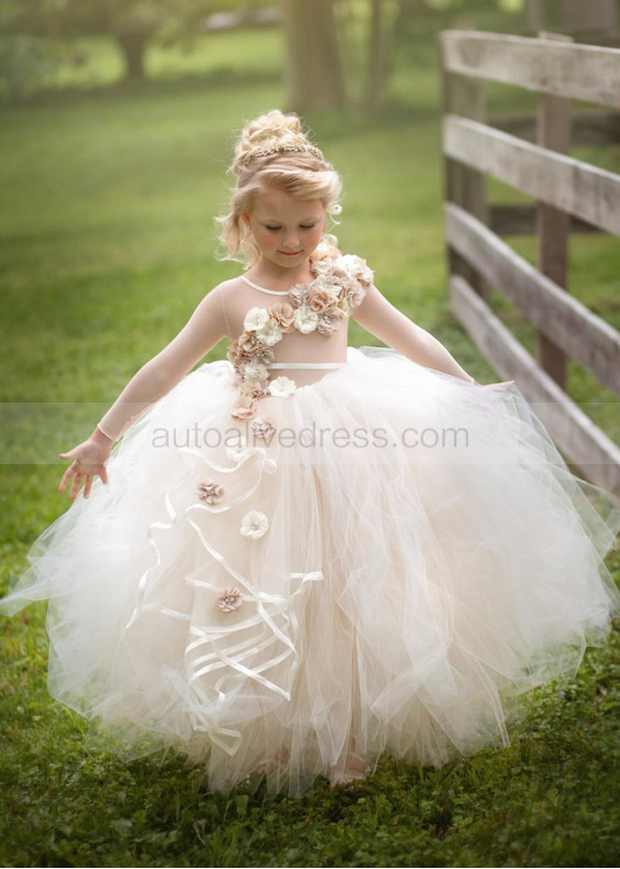 Ivory And Beige Tulle Flower Girl Dress